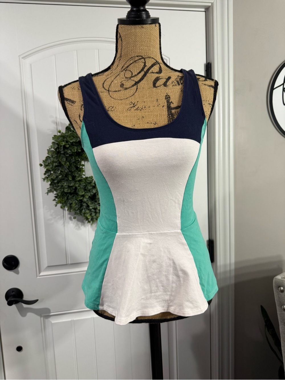 Express Colorblock Peplum Tank Top - Navy, White & Teal
